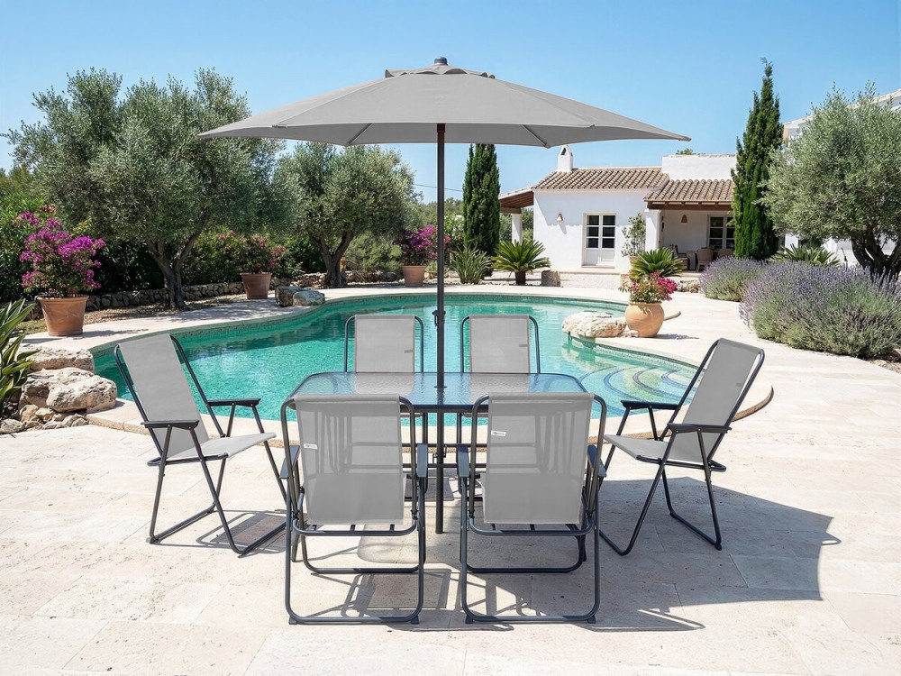 Mesa e cadeiras de jardim em metal "Convivia" com guarda-sol - 6 lugares - Cinzento claro