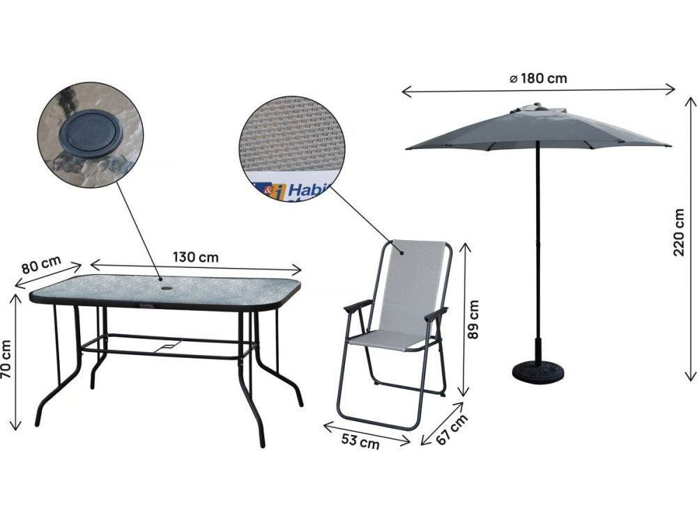 Mesa e cadeiras de jardim em metal "Convivia" com guarda-sol - 6 lugares - Cinzento claro