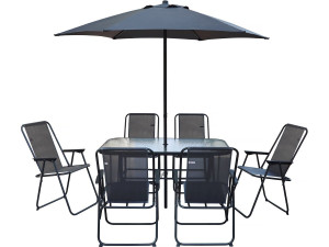Mesa e cadeiras de jardim em metal "Convivia" com guarda-sol - 6 lugares - Cinzento antracite