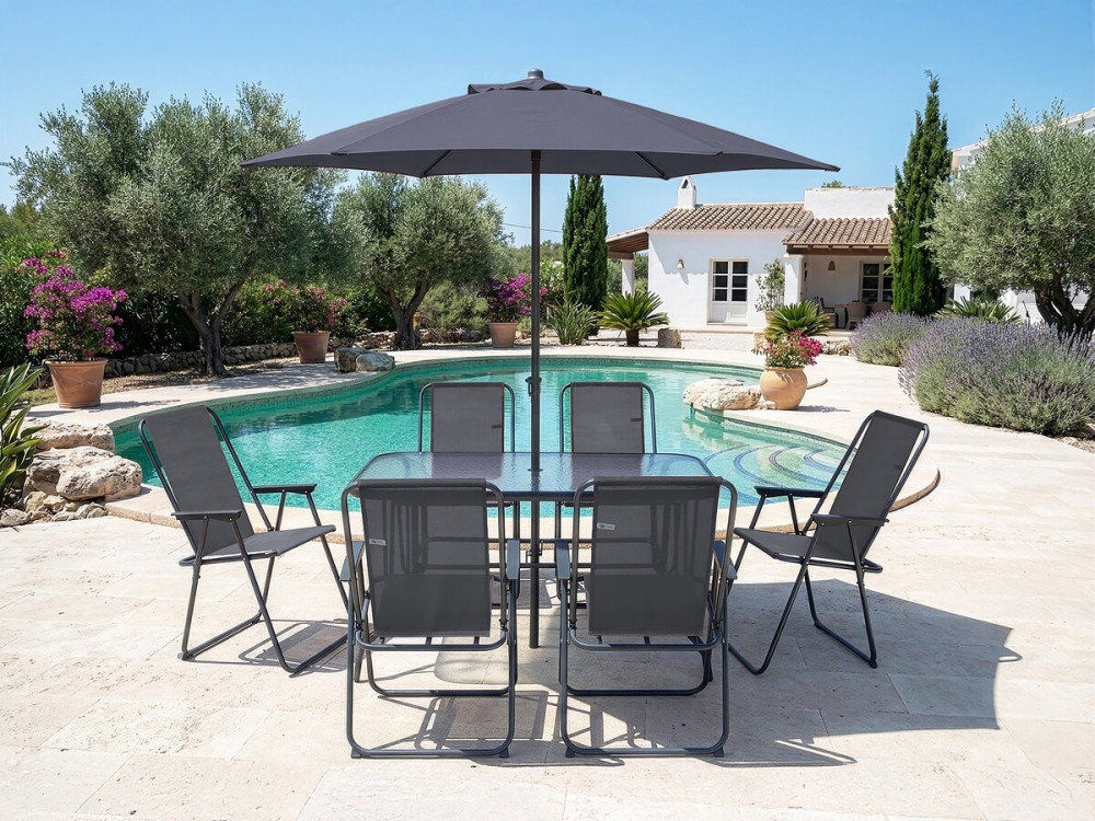 Mesa e cadeiras de jardim em metal "Convivia" com guarda-sol - 6 lugares - Cinzento antracite