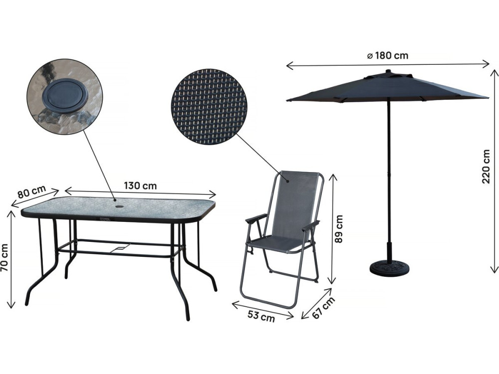 Mesa e cadeiras de jardim em metal "Convivia" com guarda-sol - 6 lugares - Cinzento antracite