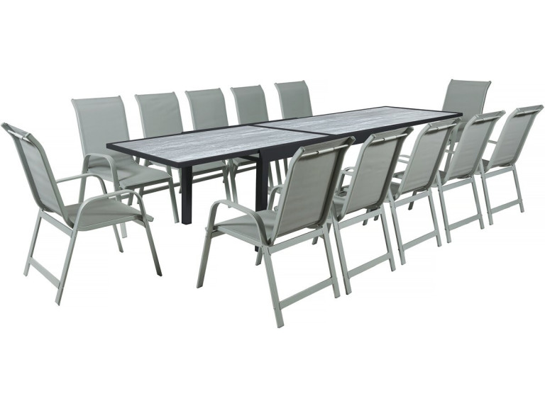 Mesa e cadeiras de jardim em alumínio extensível "Lagos" - 200/320 x 105 x 76 cm - Taupe - Capacidade para 12 pessoas