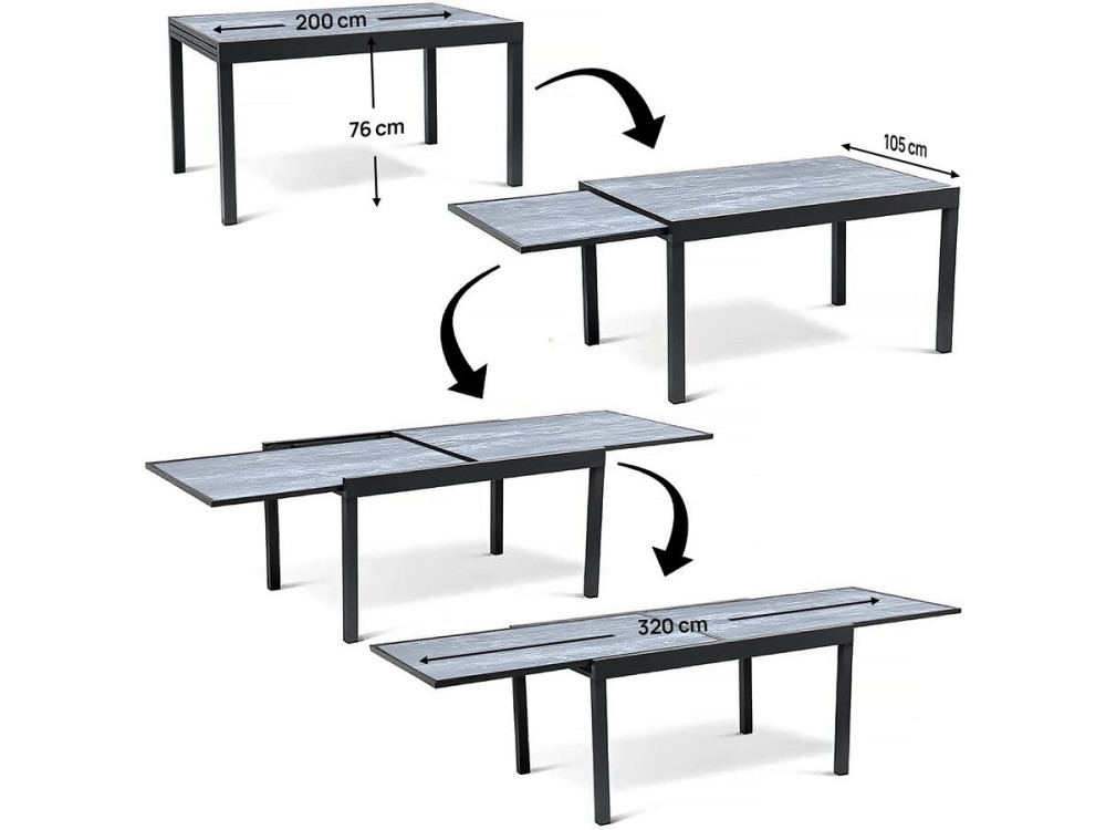 Mesa e cadeiras de jardim em alumínio extensível "Lagos" - 200/320 x 105 x 76 cm - Taupe - Capacidade para 12 pessoas