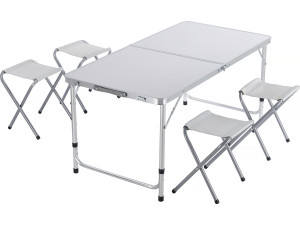 Conjunto de mesa de campismo e 4 bancos rebatíveis - 125 x 60 cm - Branco