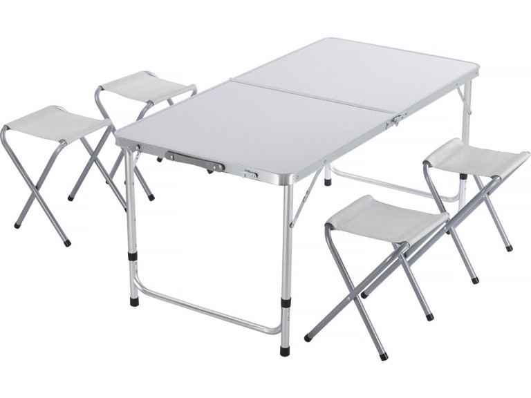 Conjunto de mesa de campismo e 4 bancos rebatíveis - 125 x 60 cm - Branco