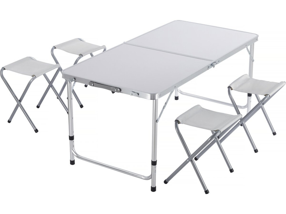 Conjunto de mesa de campismo e 4 bancos rebatíveis - 125 x 60 cm - Branco
