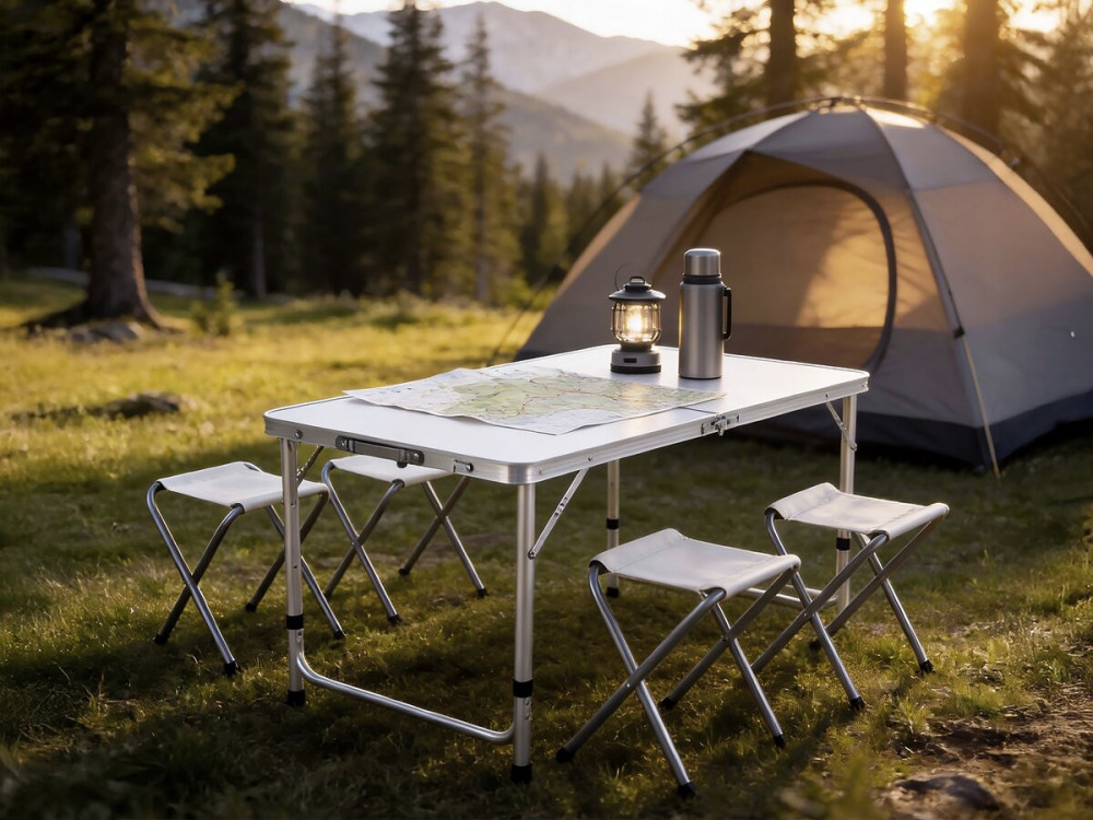 Conjunto de mesa de campismo e 4 bancos rebatíveis - 125 x 60 cm - Branco