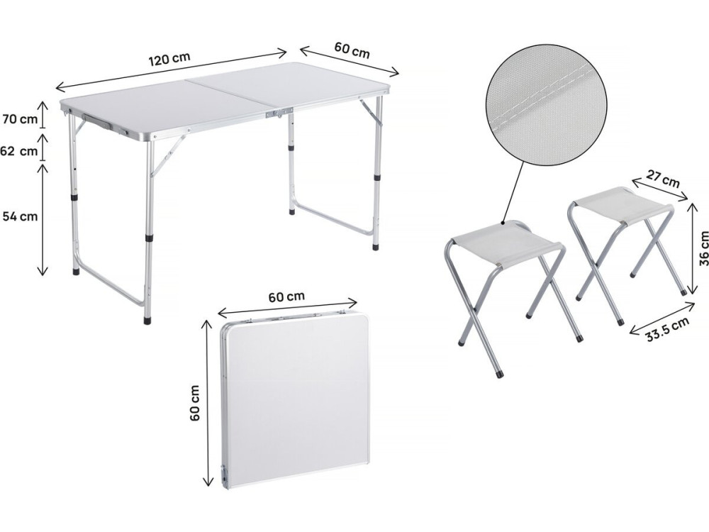 Conjunto de mesa de campismo e 4 bancos rebatíveis - 125 x 60 cm - Branco