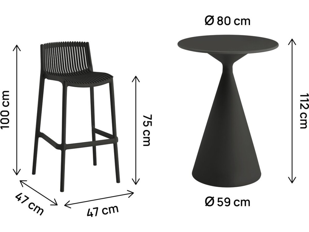 Mesa de jardim bistrô empilhável "Néora" e cadeiras altas - 2 lugares - Preto