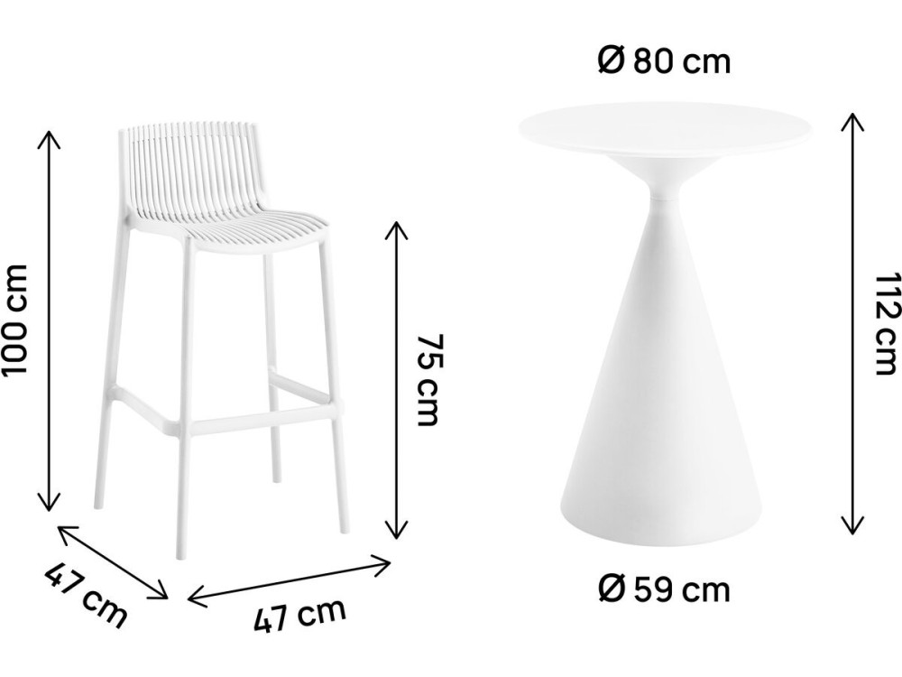 Mesa de jardim bistrô empilhável "Néora" e cadeiras altas - 2 lugares - Branco