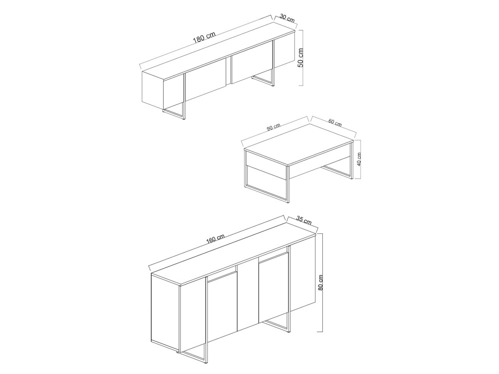 Conjunto de mobiliário para sala de estar em madeira "Luxe" - 160 x 35 x 80 cm - Branco