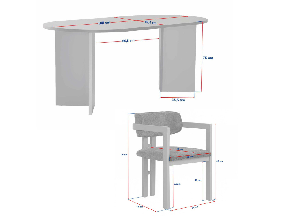 Conjunto de mesa e cadeira de madeira Meridia 6" (7 peças) - 180 x 90 x 75 cm - Branco