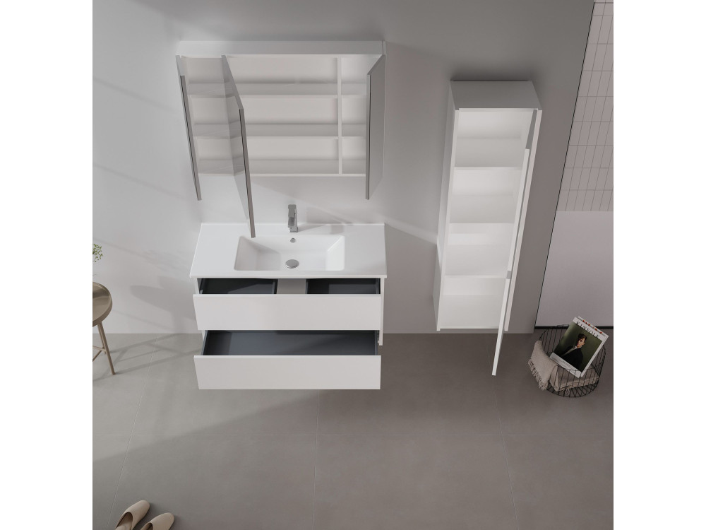 Móvel de casa de banho com espelho «Side 100» - 100 x 16 x 66 cm - Branco mate