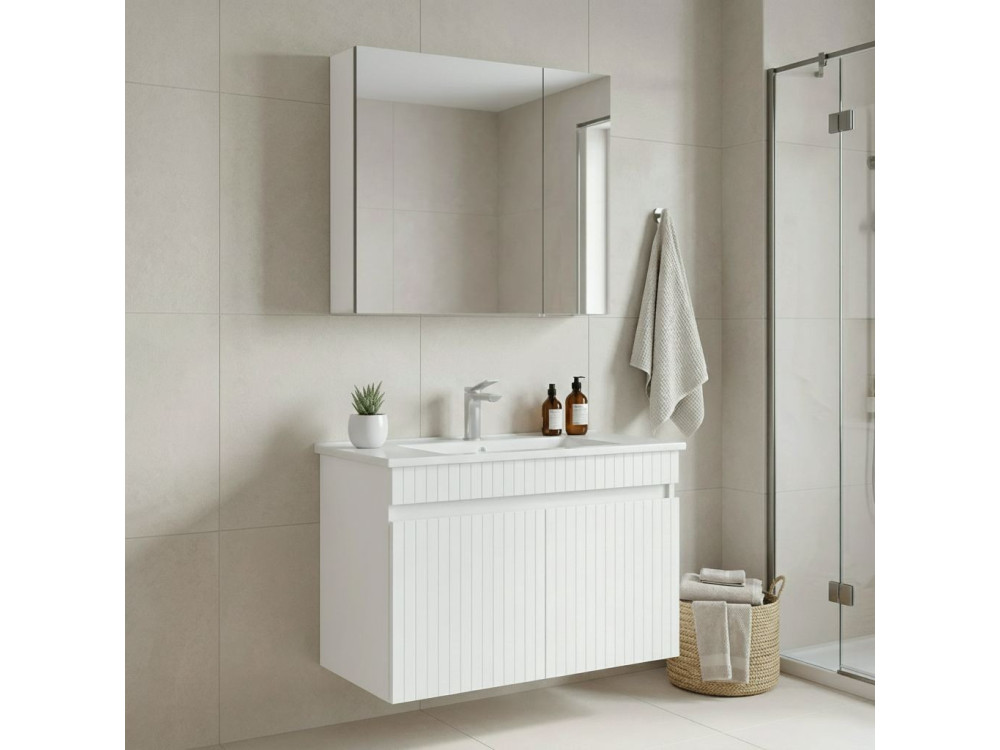 Conjunto de móvel de lavatório com espelho (2 peças) «Tivoli 85» - 85 x 45 x 57 cm - Branco mate