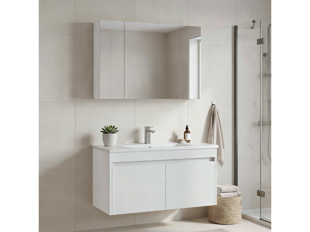 Conjunto de móvel com lavatório e espelho (2 peças) «Side 100 v3» - 100 x 45 x 52 cm - Branco mate