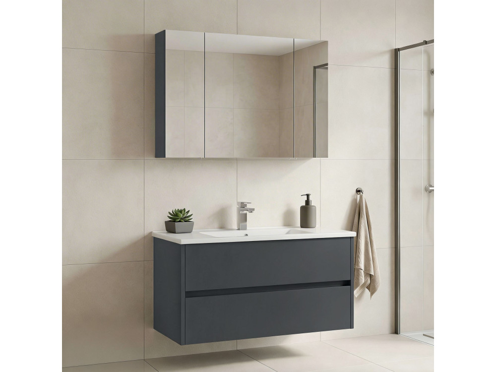 Conjunto de móvel com lavatório e espelho (2 peças) «Side 100 v3» - 100 x 16 x 52 cm - Antracite mate