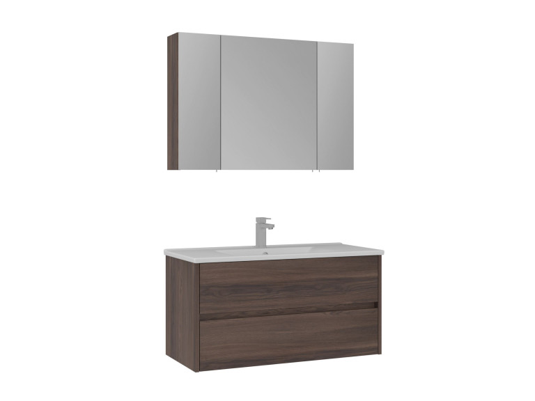 Conjunto de móvel com lavatório e espelho (2 peças) «Side 100 v3» - 100 x 16 x 52 cm - Nogueira