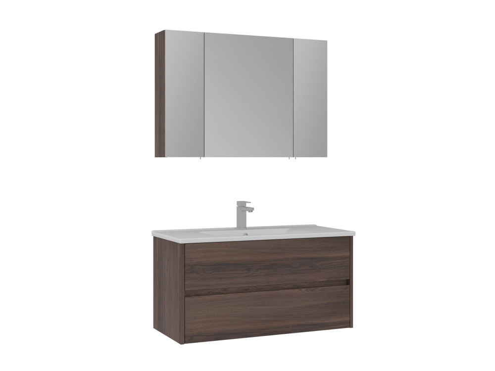 Conjunto de móvel com lavatório e espelho (2 peças) «Side 100 v3» - 100 x 16 x 52 cm - Nogueira