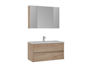 Conjunto de móvel com lavatório e espelho (2 peças) «Side 100 v3» - 100 x 16 x 52 cm - Carvalho