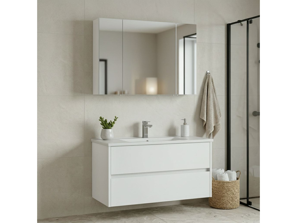 Conjunto de móvel com lavatório e espelho (2 peças) «Side 100 v3» - 100 x 16 x 52 cm - Branco mate
