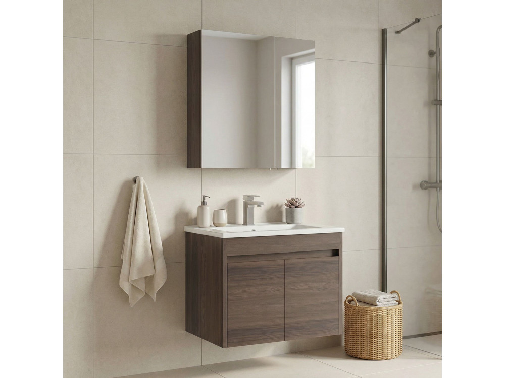 Conjunto de móvel de lavatório com espelho (2 peças) «Side 65 v2» - 65 x 45 x 52 cm - Nogueira