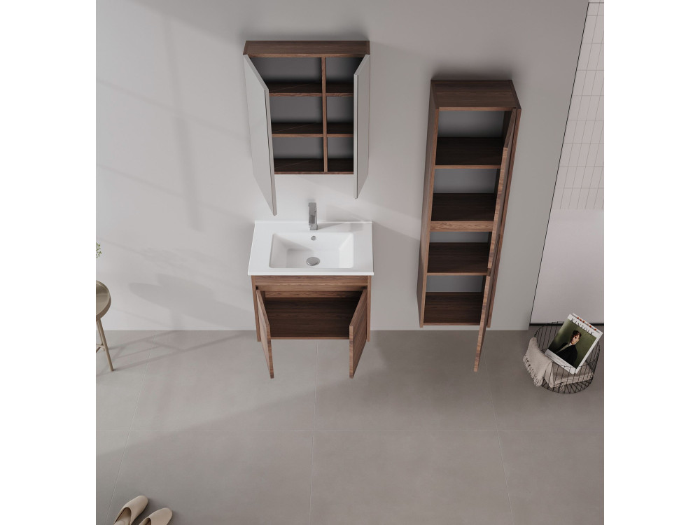 Conjunto de móvel de lavatório com espelho (2 peças) «Side 65 v2» - 65 x 45 x 52 cm - Nogueira