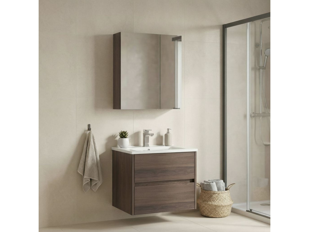 Conjunto de móvel de lavatório com espelho (2 peças) «Side 65 v2» - 65 x 45 x 52 cm - Nogueira