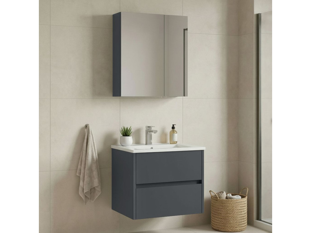 Conjunto de móvel de lavatório com espelho (2 peças) «Side 65 v2» - 65 x 45 x 52 cm - Antracite mate