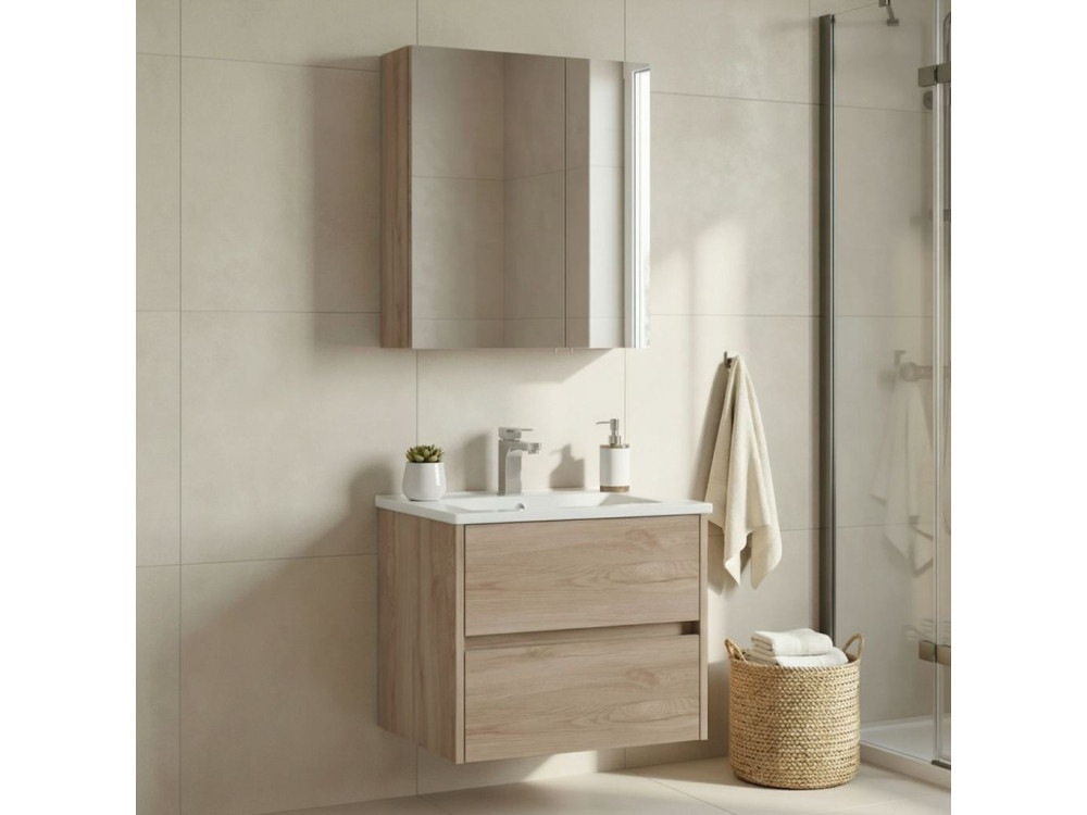 Conjunto de móvel de lavatório com espelho (2 peças) «Side 65 v2» - 65 x 45 x 52 cm - Carvalho