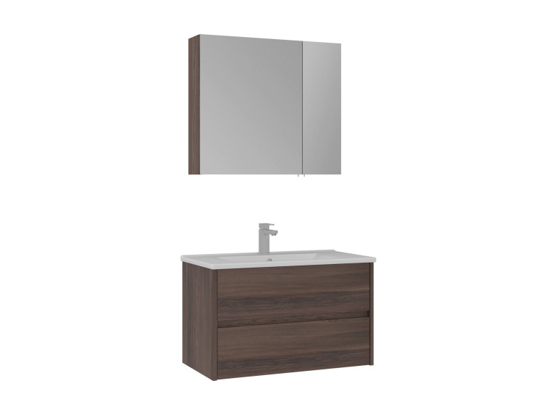 Conjunto de móvel de lavatório com espelho (2 peças) «Side 85 v2» - 85 x 45 x 52 cm - Nogueira