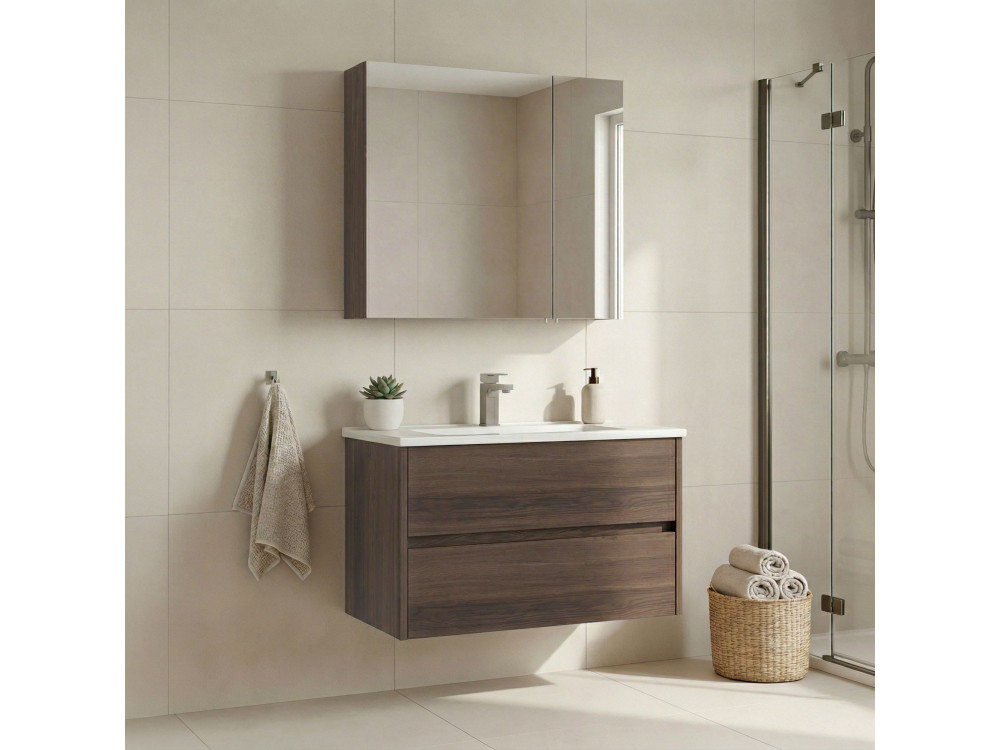 Conjunto de móvel de lavatório com espelho (2 peças) «Side 85 v2» - 85 x 45 x 52 cm - Nogueira