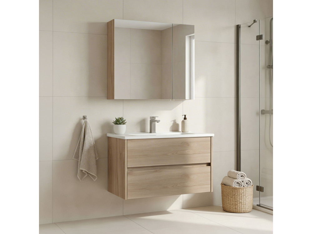 Conjunto de móvel de lavatório com espelho (2 peças) «Side 85 v2» - 85 x 45 x 52 cm - Carvalho