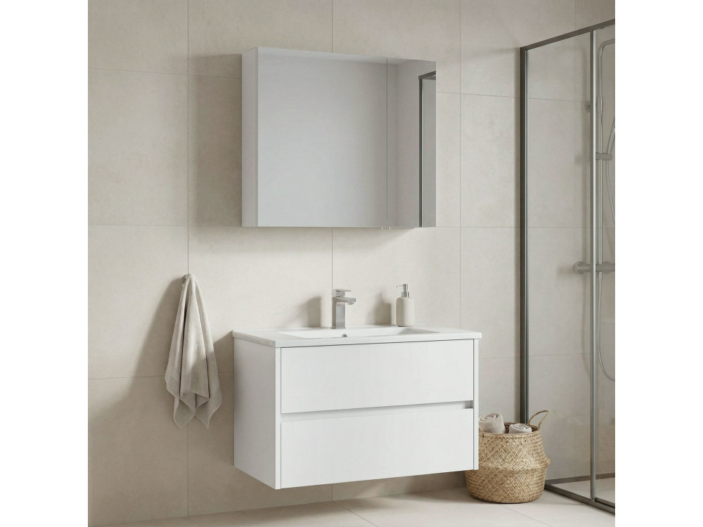 Conjunto de móvel de lavatório com espelho (2 peças) «Side 85 v2» - 85 x 45 x 52 cm - Branco mate