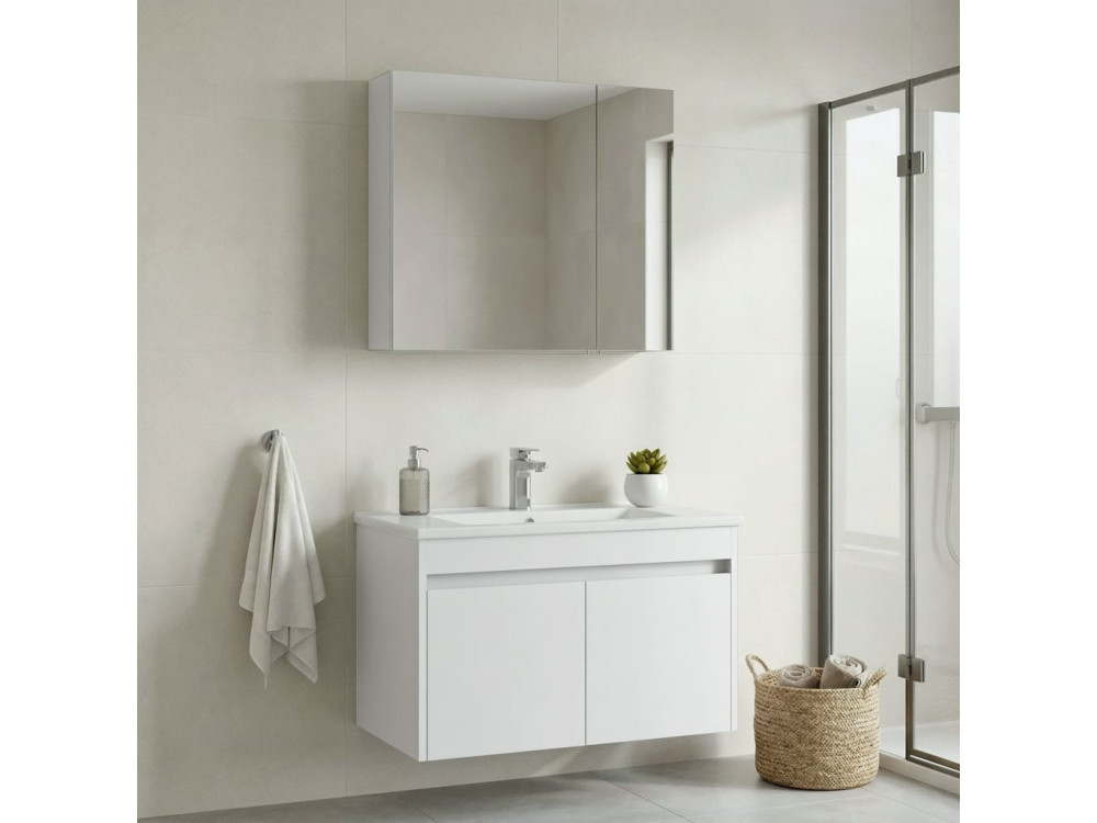 Conjunto de móvel de lavatório com espelho (2 peças) «Side 85 v2» - 85 x 45 x 52 cm - Branco mate
