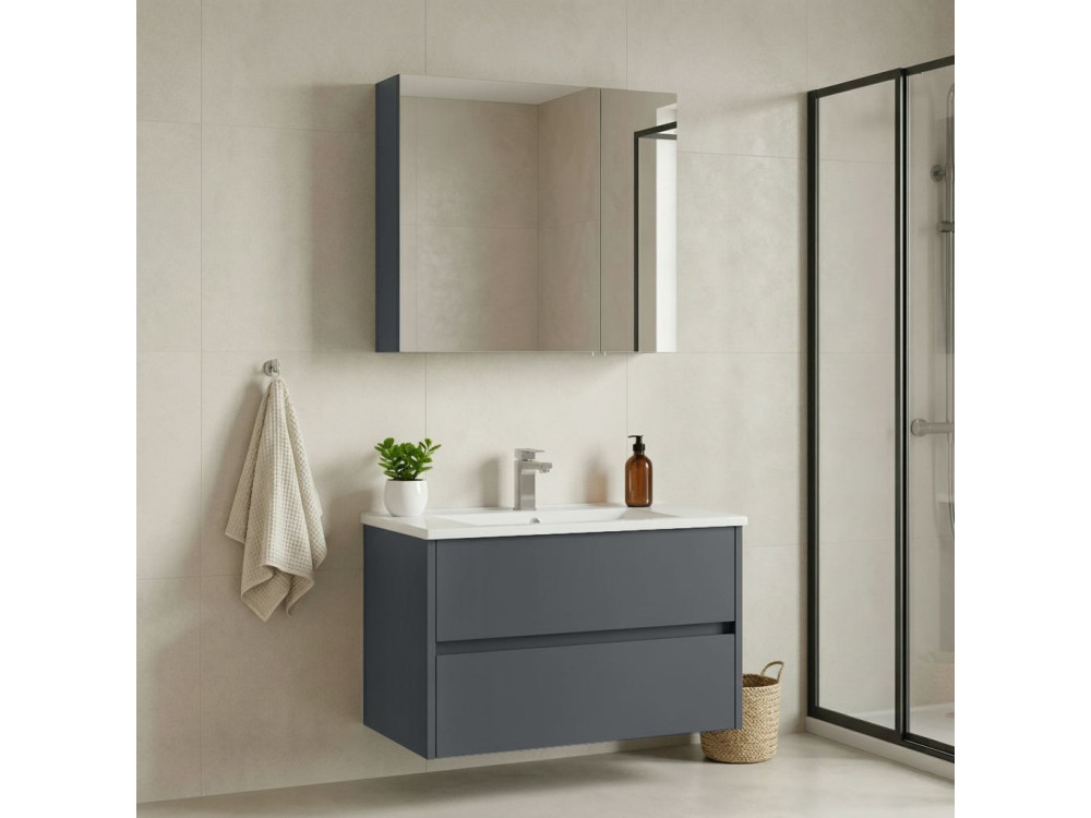 Conjunto de móvel com lavatório e espelho (2 peças) «Side 85 v2» - 85 x 45 x 52 cm - Antracite mate