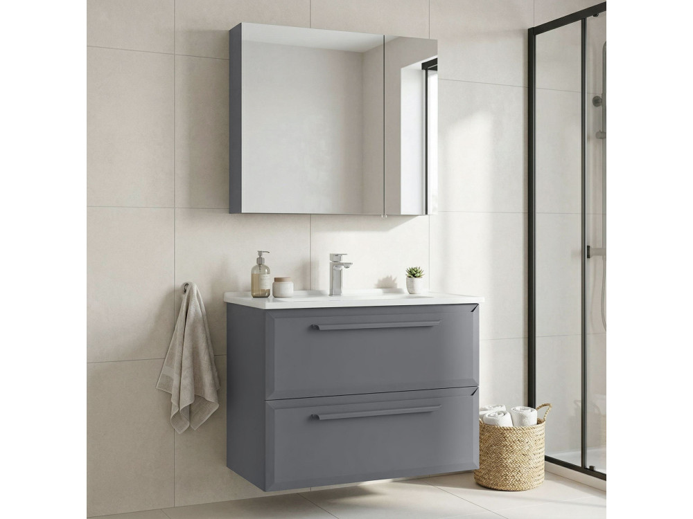 Conjunto de móvel de lavatório com espelho (2 peças) «Nuvola 80 v2» - 80 x 50 x 62 cm - Cinza