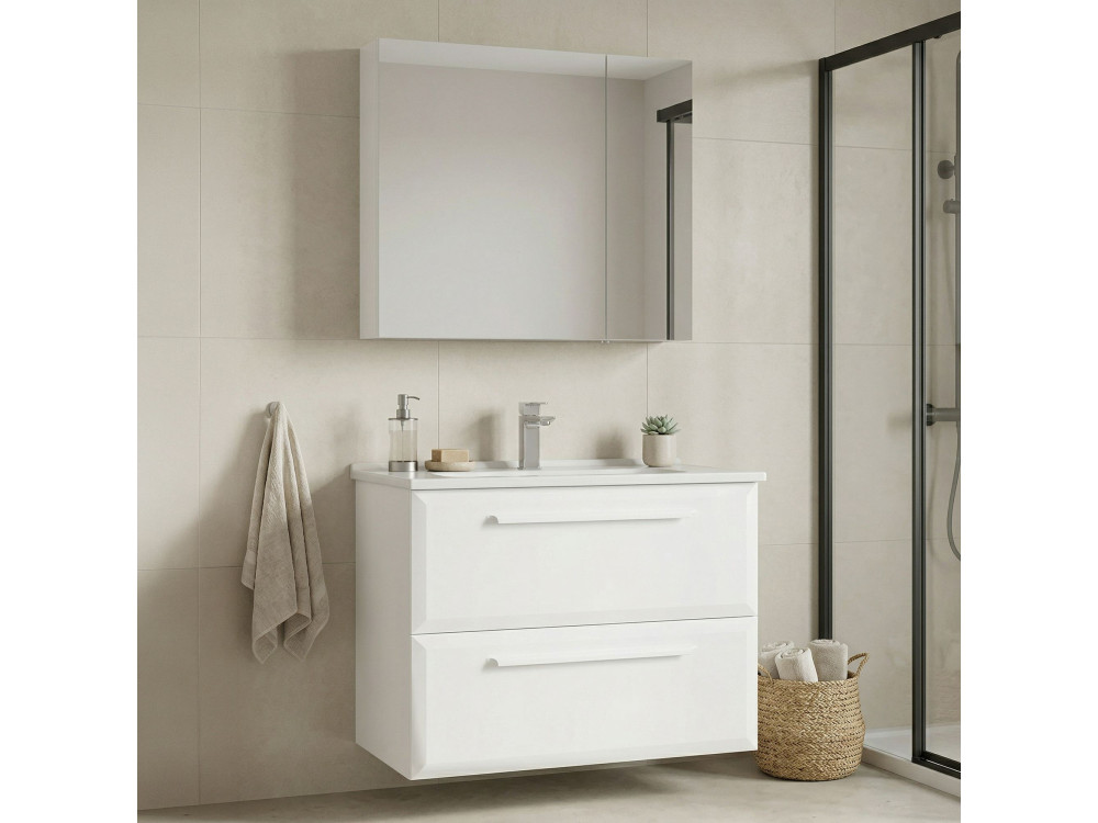 Conjunto de móvel de lavatório com espelho (2 peças) «Nuvola 80 v2» - 80 x 50 x 62 cm - Branco