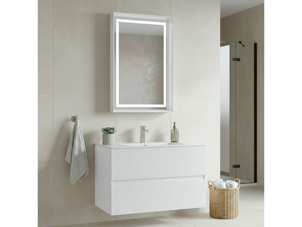 Conjunto de móvel com lavatório e espelho (2 peças) «Nest 91 v2» - 91 x 51 x 55 cm - Branco mate