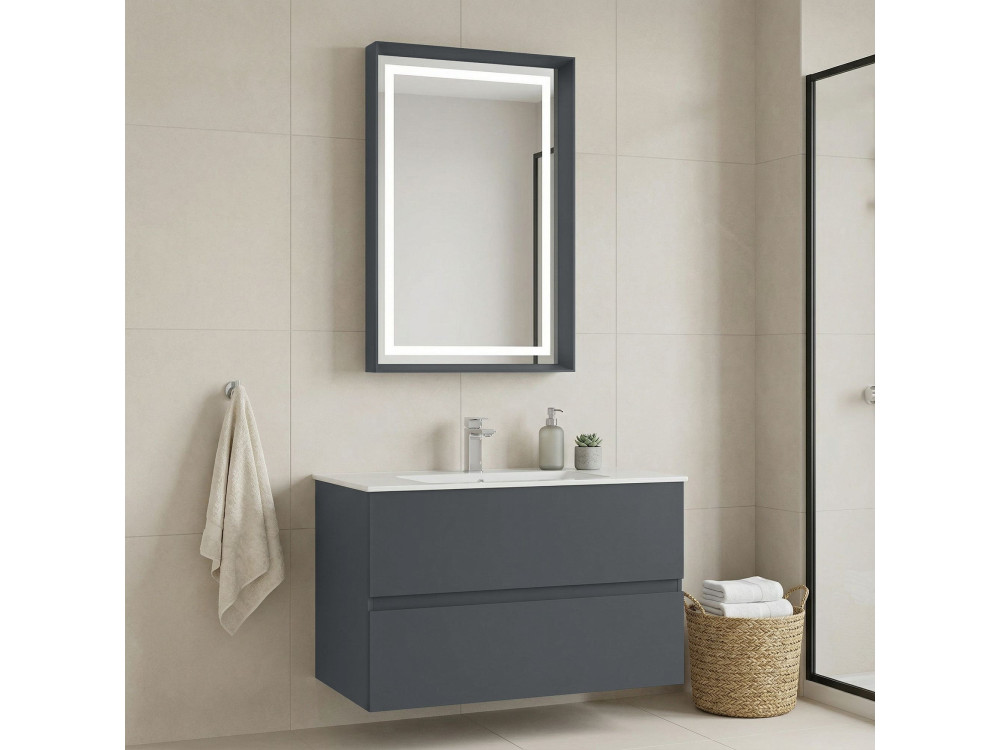 Conjunto de móvel com lavatório e espelho (2 peças) «Nest 91 v2» - 91 x 51 x 55 cm - Antracite mate
