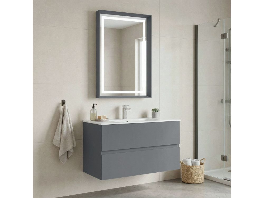 Conjunto de móvel com lavatório e espelho (2 peças) «Nest 91 v2» - 91 x 51 x 55 cm - Cinza mate
