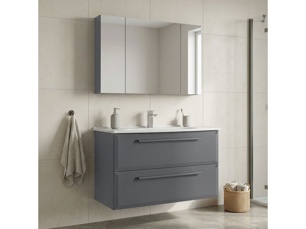 Conjunto de móvel de lavatório com espelho (2 peças) «Nuvola 100 v2» - 100 x 50 x 62 cm - Cinza