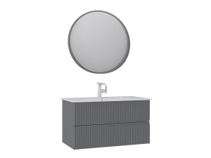 Conjunto de móvel de lavatório com espelho (2 peças) «Moonlight 90 v2» - 91 x 51 x 51 cm - Cinza mate