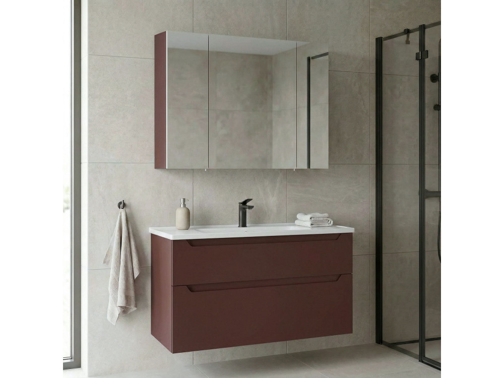 Conjunto de móvel de lavatório com espelho (2 peças) «Messina 100 v2» - 100 x 45 x 55 cm - Vermelho mate