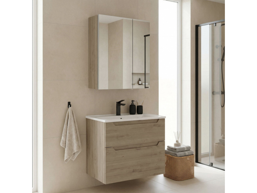 Conjunto de móvel de lavatório com espelho (2 peças) «Messina 65 v2» - 65 x 45 x 55 cm - Carvalho