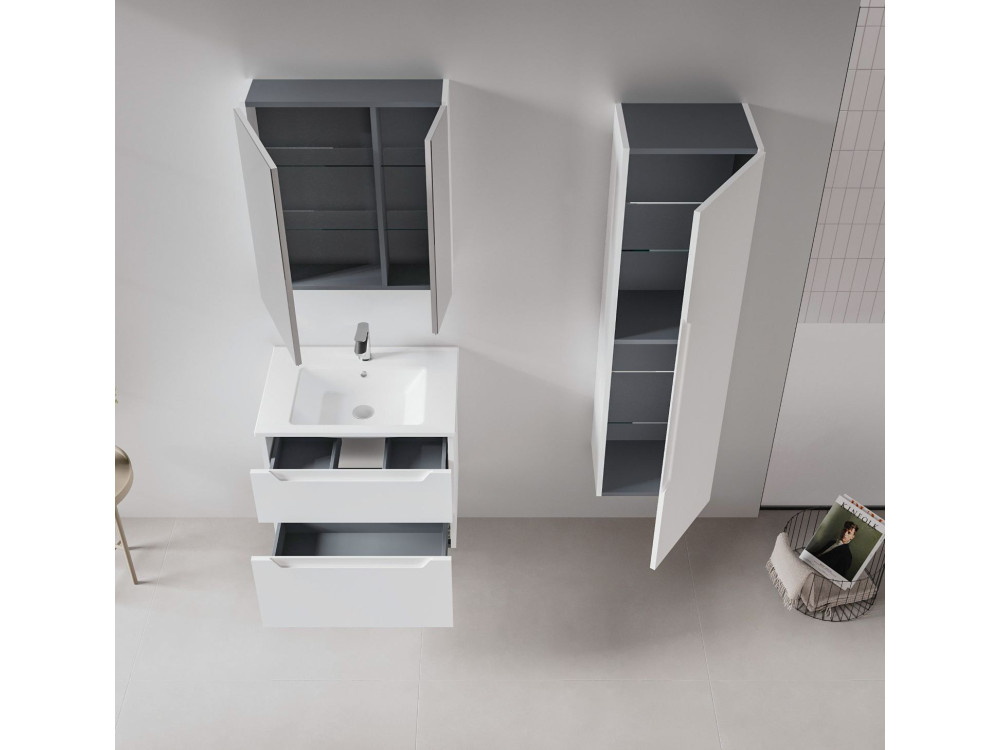 Conjunto de móvel de lavatório com espelho (2 peças) «Messina 65 v2» - 65 x 45 x 55 cm - Branco mate