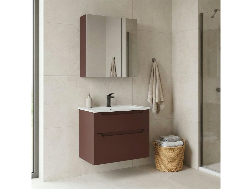 Conjunto de móvel de lavatório com espelho (2 peças) «Messina 65 v2» - 65 x 45 x 55 cm - Vermelho mate