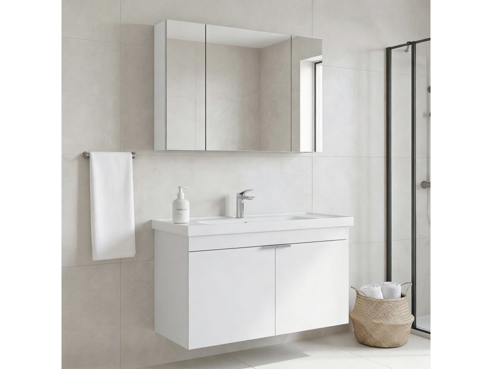 Conjunto de móvel com lavatório e espelho (2 peças) «Desna 100» - 100 x 45 x 58 cm - Branco mate