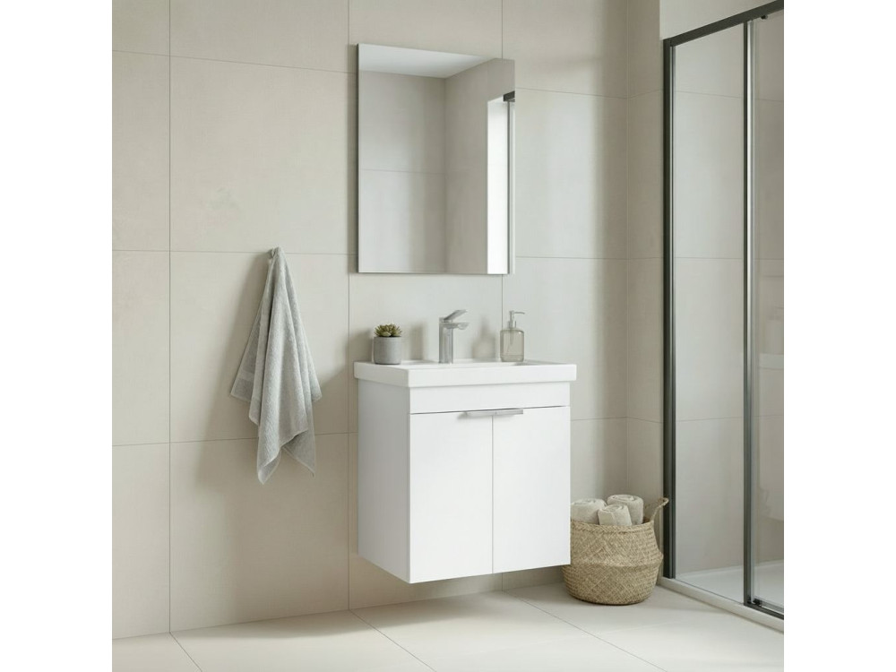 Conjunto de móvel com lavatório e espelho (2 peças) «Desna 50» - 50 x 38 x 58 cm - Branco mate