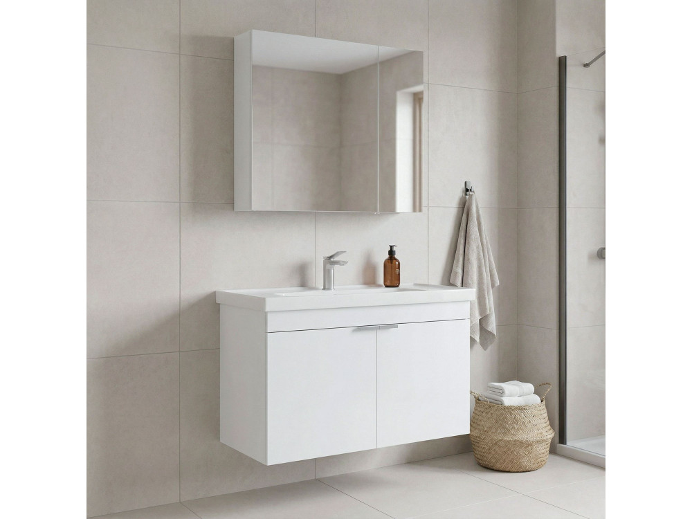 Conjunto de móvel com lavatório e espelho (2 peças) «Desna 90» - 90 x 45 x 58 cm - Branco mate