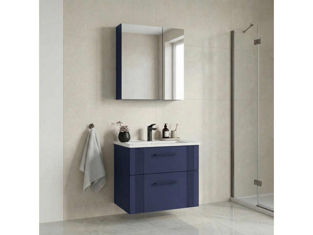 Conjunto de móvel de lavatório com espelho (2 peças) «Bari 65 v2» - 65 x 45 x 55 cm - Azul-marinho mate